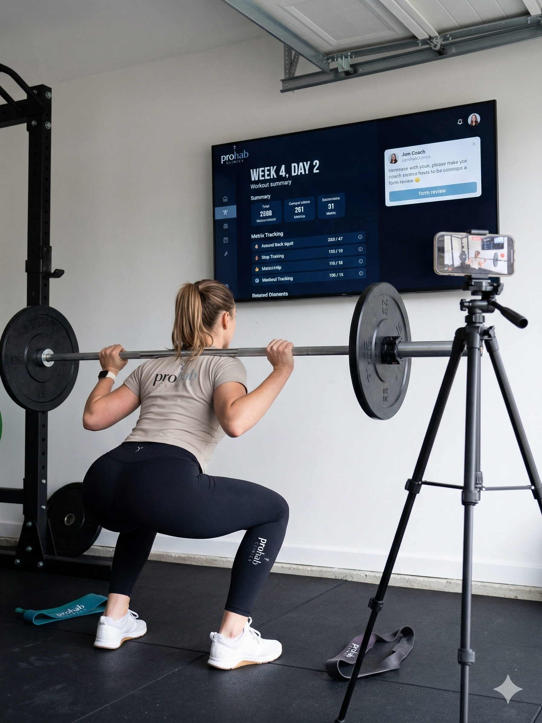 A woman performing a barbell squat in a home gym while recording her form on a tripod for a Prohab Clinics online fitness coaching review.