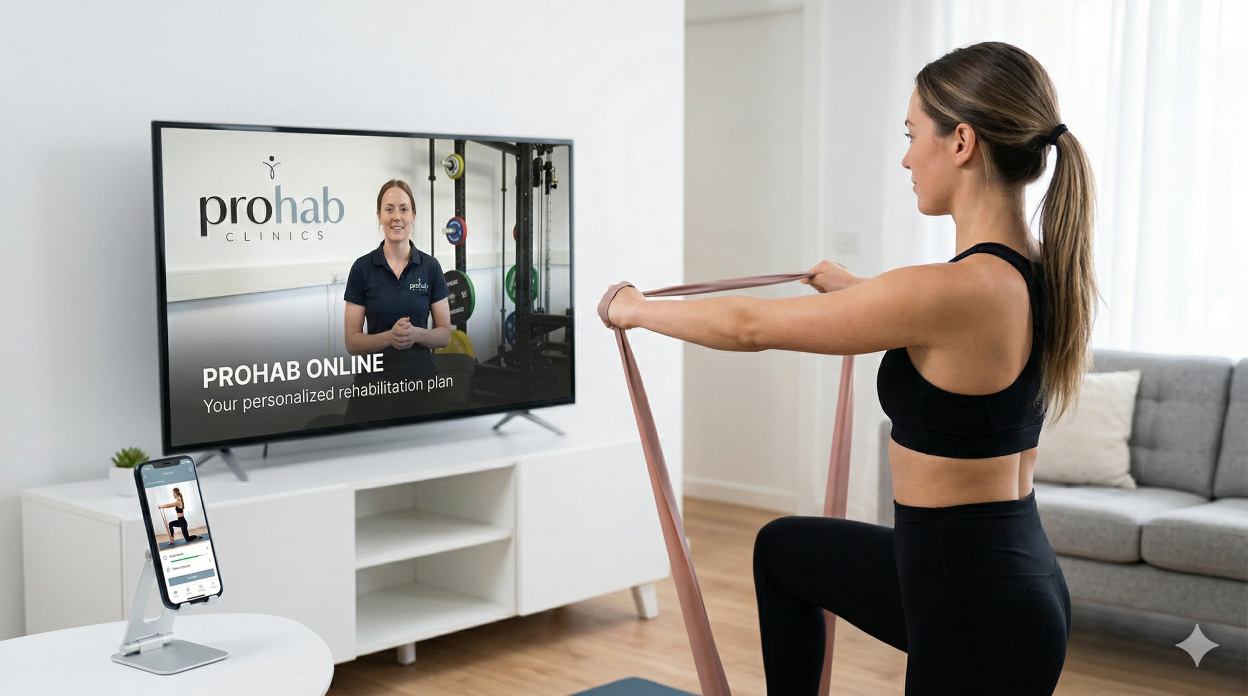 A woman performing resistance band exercises in a living room while following a Prohab Clinics online physiotherapy video consultation on a television screen. Reason: This is highly descriptive for accessibility and includes the brand and service name naturally.